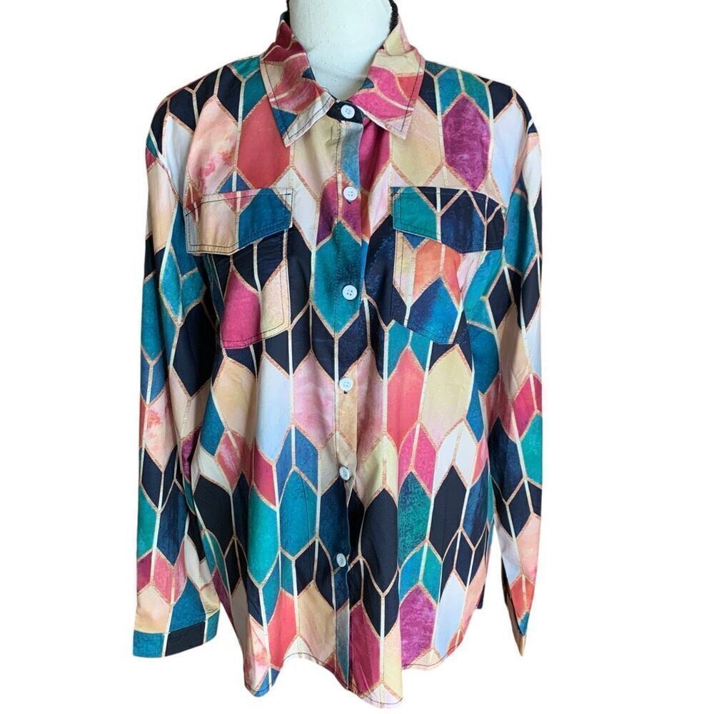 Geometric Pattern Multicolored Button-Up Blouse N… - image 1